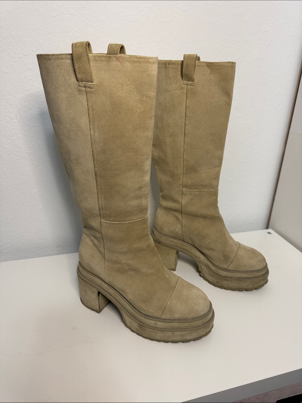 Cult Gaia Hana Sand Beige Suede Platform Boots Chunky Heel